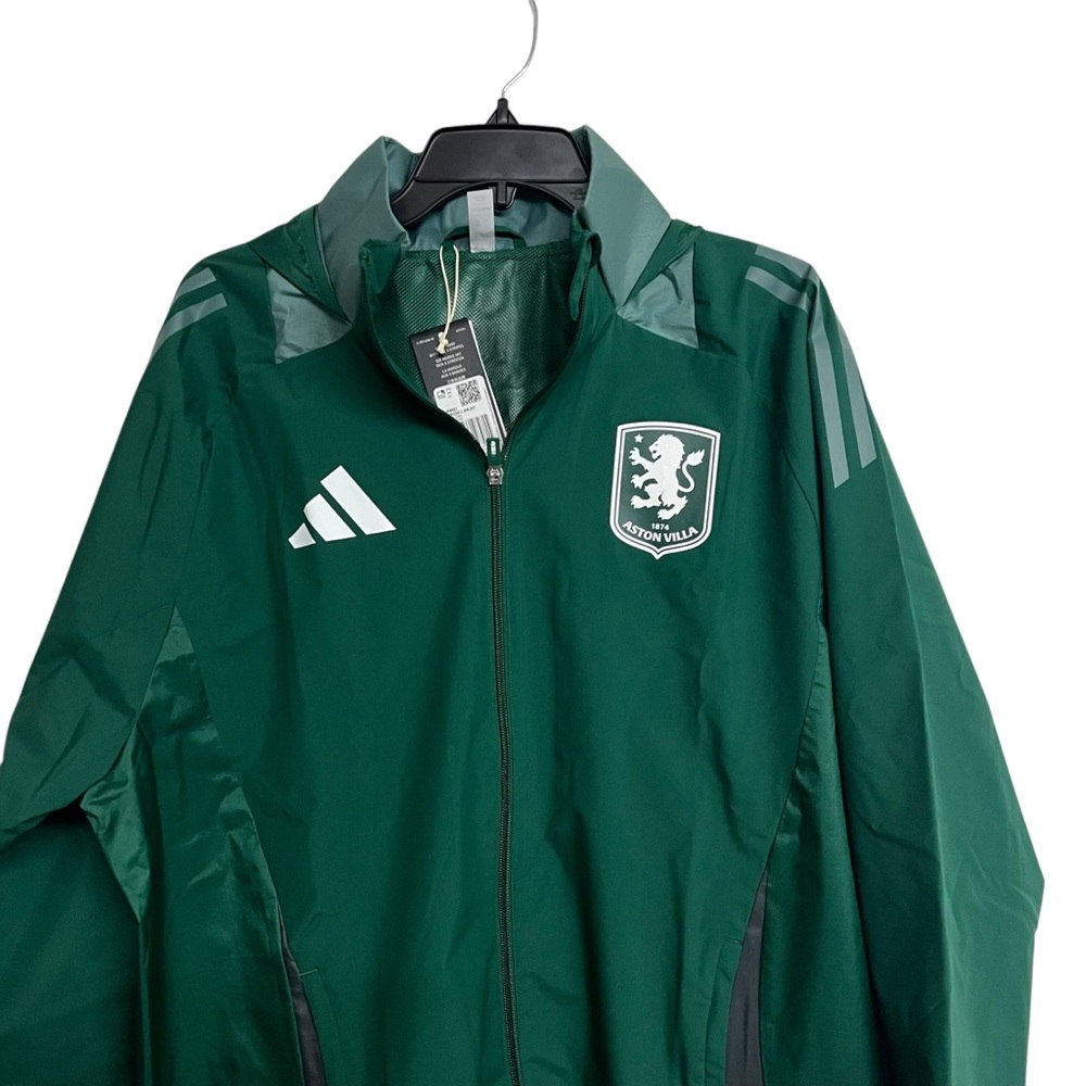New Mens Aston Villa Adidas Training All Weather Full Zip Jacket Dark Green - Picture 2 of 7